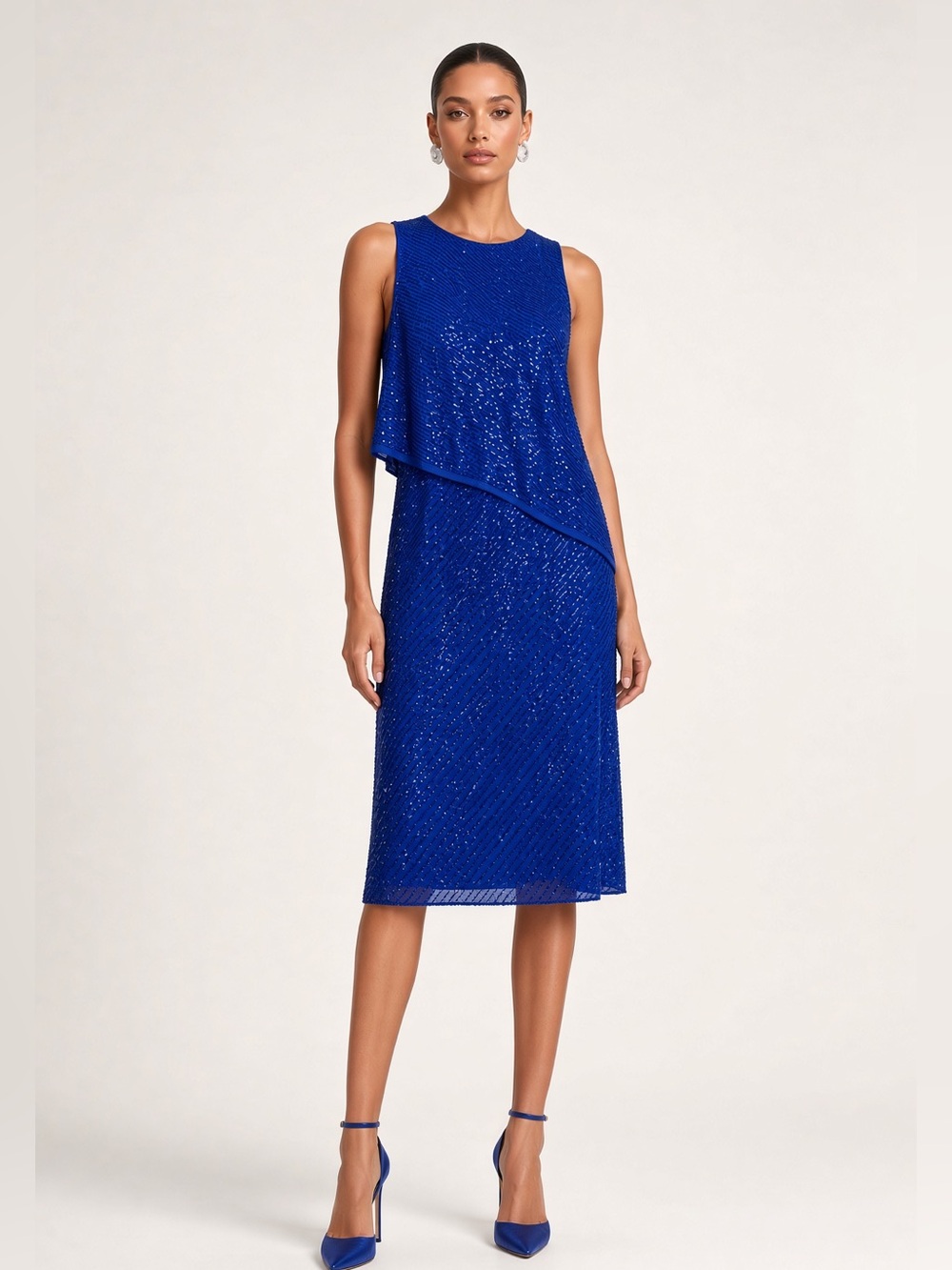 Aidan Mattox Cobalt Blue Sequin Asymmetric Sheath Dress